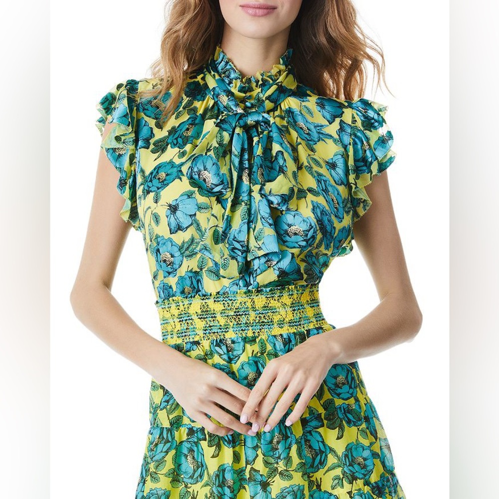 COPY - Alice and Olivia Green Blue Jordana Floral Print Silk Blend Bow Top Size…